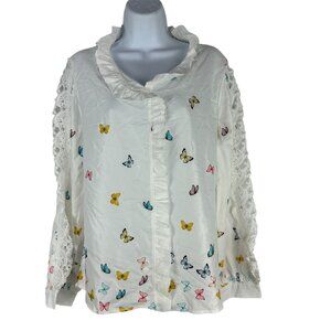 ChicMe Womens White Long-Sleeve Top With Multicolor Butterfly Print & Lace